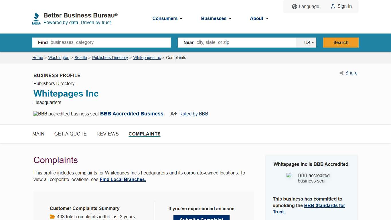 Whitepages Inc BBB Complaints Better Business Bureau